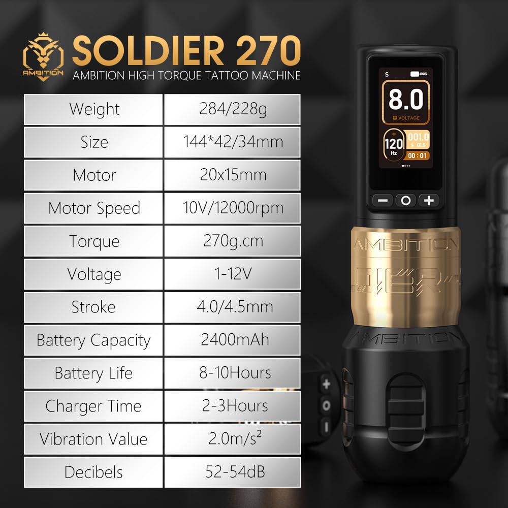 Soldier 270 Wireless Tattoo Machine, 270 g.cm Torque Brushless Motor Cordless Tattoo Gun, Rotary Tattoo Cartridge Pen