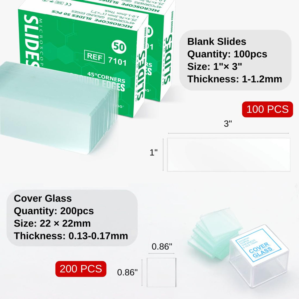 Microscope Slides and Covers, 100 Glass Slides + 200 Coverslips | Pre-Cleaned, Safe Ground Edges, 45°Corners, High