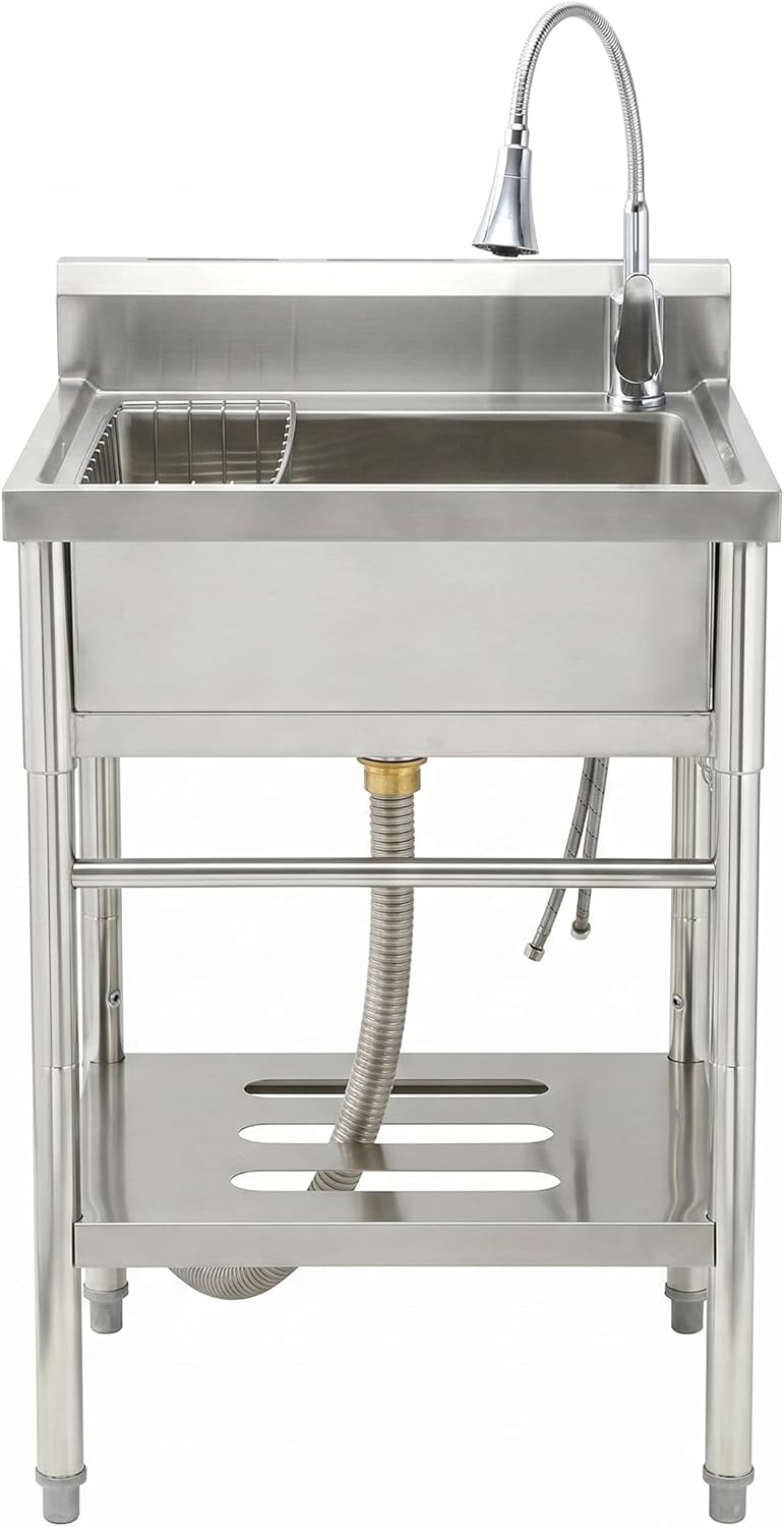 Stainless Steel Utility Sink, 22'' × 20'' × 39'' Freestanding Stainless Steel Single Bowl Laundry Sink with swivel