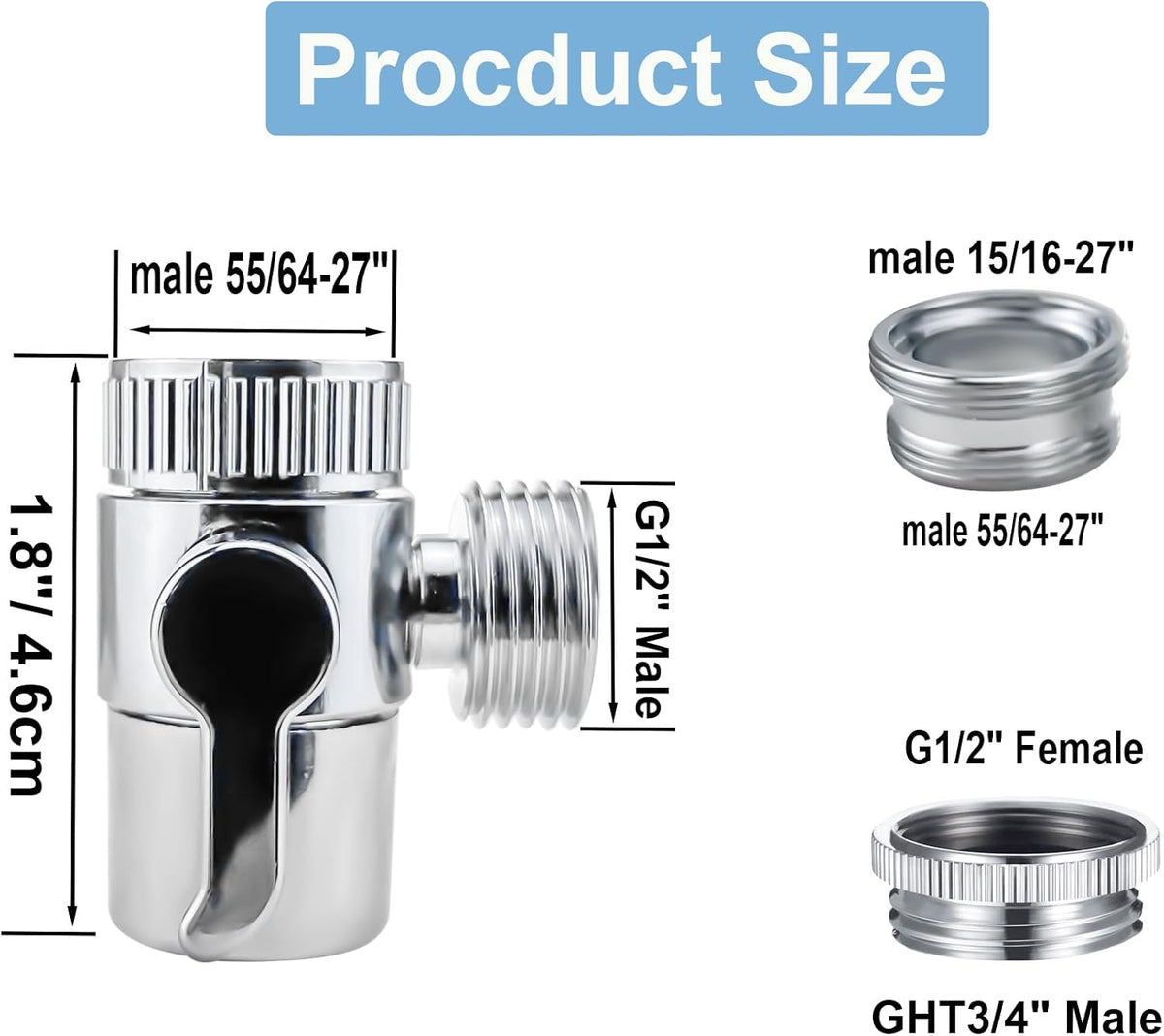 2 Pack Faucet Diverter Valve with Aerator, 55/64"-27 Female Inlet, 15/16"-27 Male Adapter, G1/2 and 3/4" GHT Adapters for Sink Faucet, Shower Hose and Portable Washer