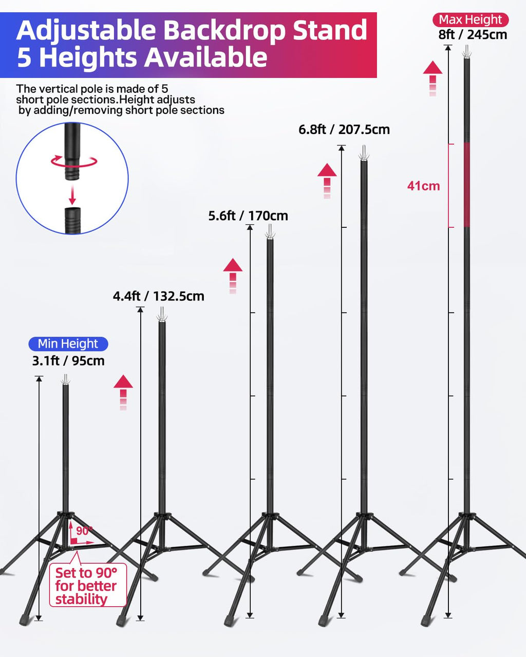 Backdrop Stand 10 x 8 Ft (WxH), 7 Widths Adjustable Background Stand
