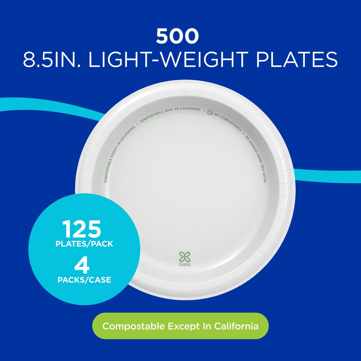Dixie Basic 8.5 Inch Light-Weight Paper Plates By GP PRO, White, 500 Count (125 Disposable Plates Per Pack, 4 Packs