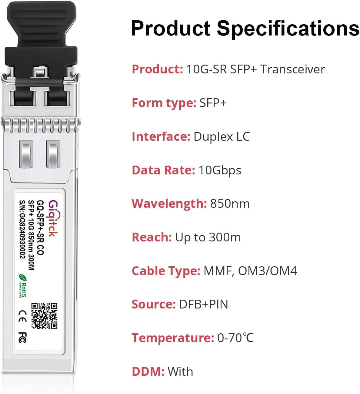 10GBASE-SR SFP+ Module 300m 850nm Multi Mode SFP DDM LC Transceiver 2pcs