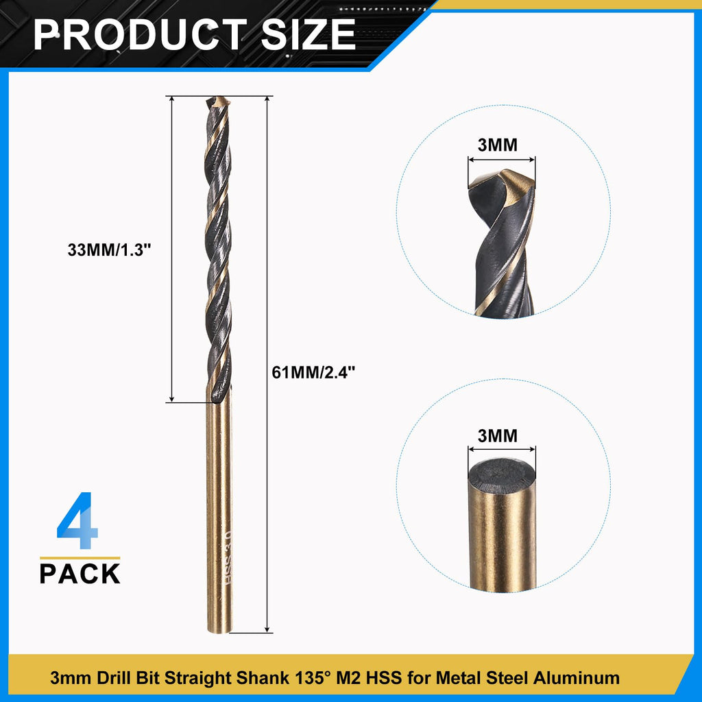 PATIKIL 3mm Drill Bit M2 High-Speed Steel for Hard Metal 4 Pack