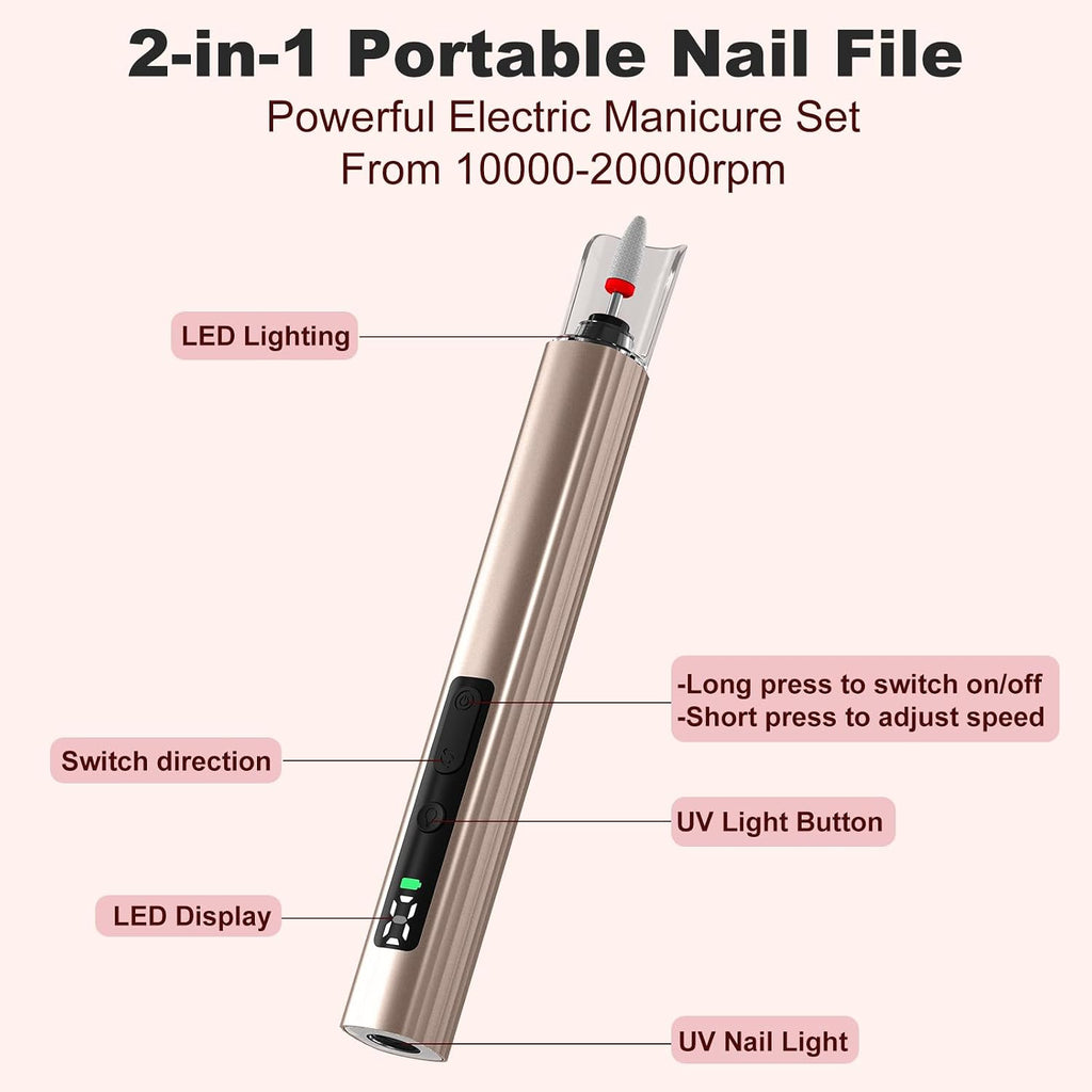 Cordless Electric Nail File Drill with UV Light Lamp, 5 Speed | Rechargeable Portable Manicure and Pedicure Kit, Nail