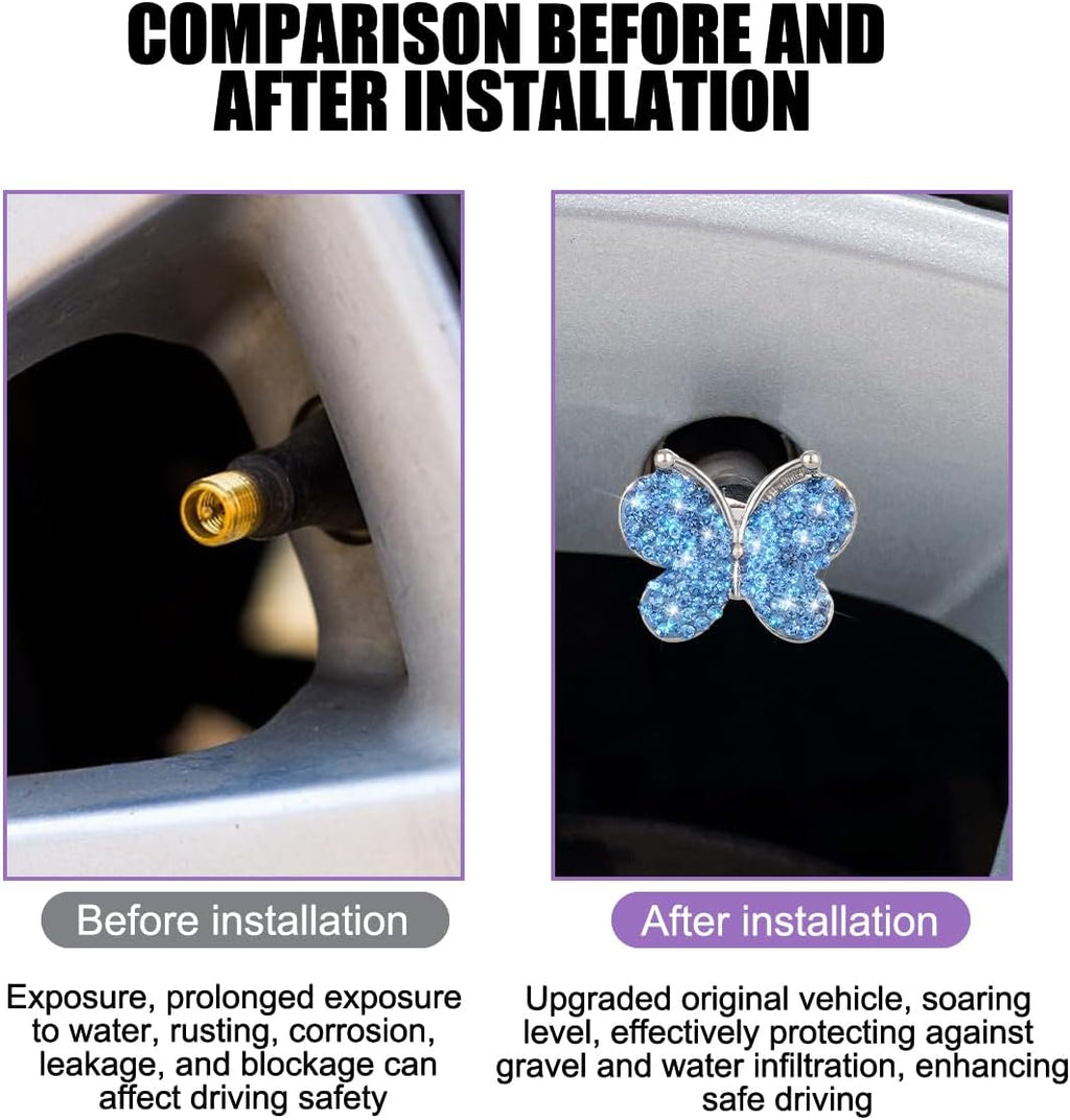 4PCS Bling Butterfly Rhinestone Tire Valve Stem Caps, Light Blue