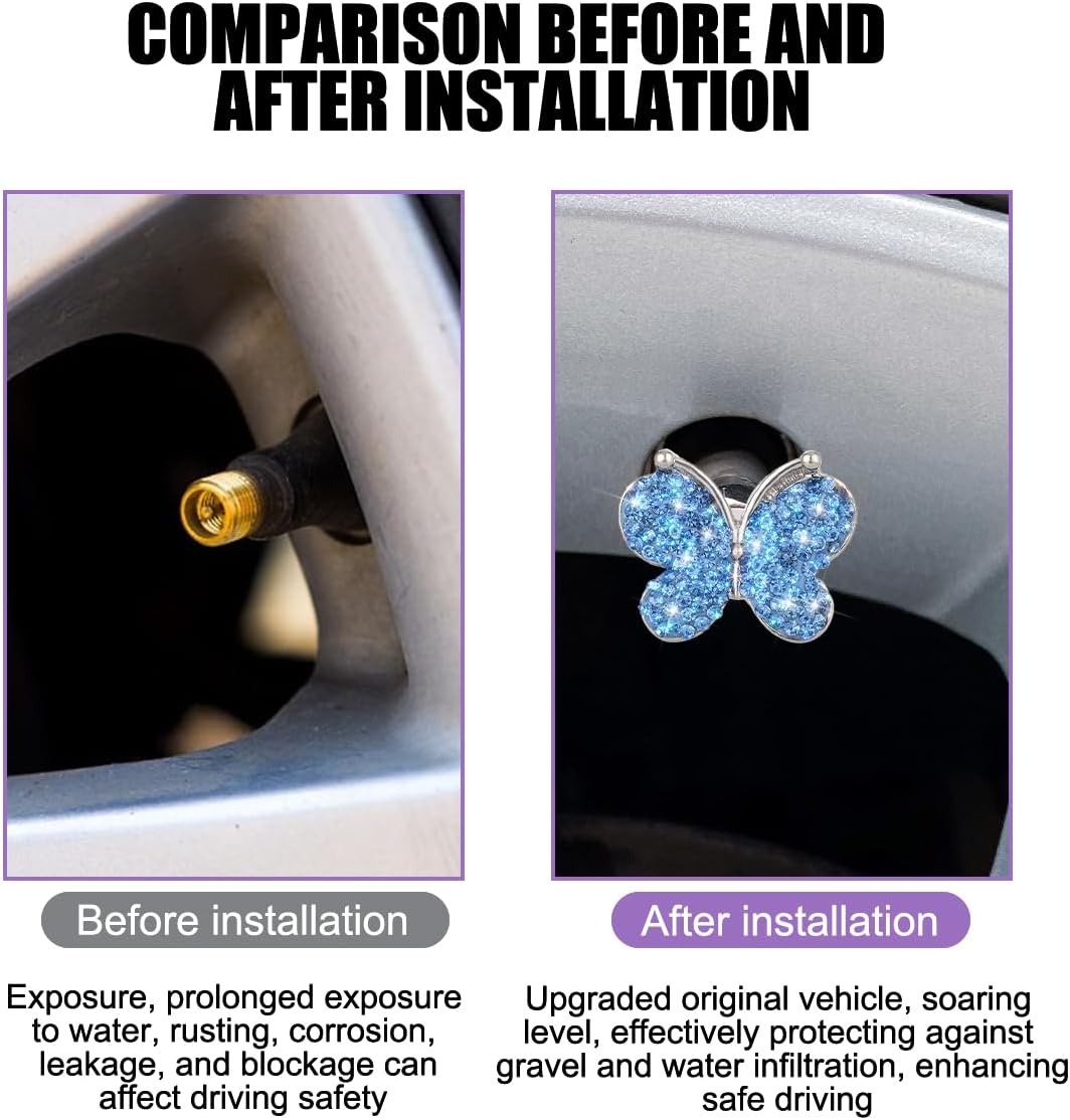 4PCS Bling Butterfly Rhinestone Tire Valve Stem Caps, Light Blue