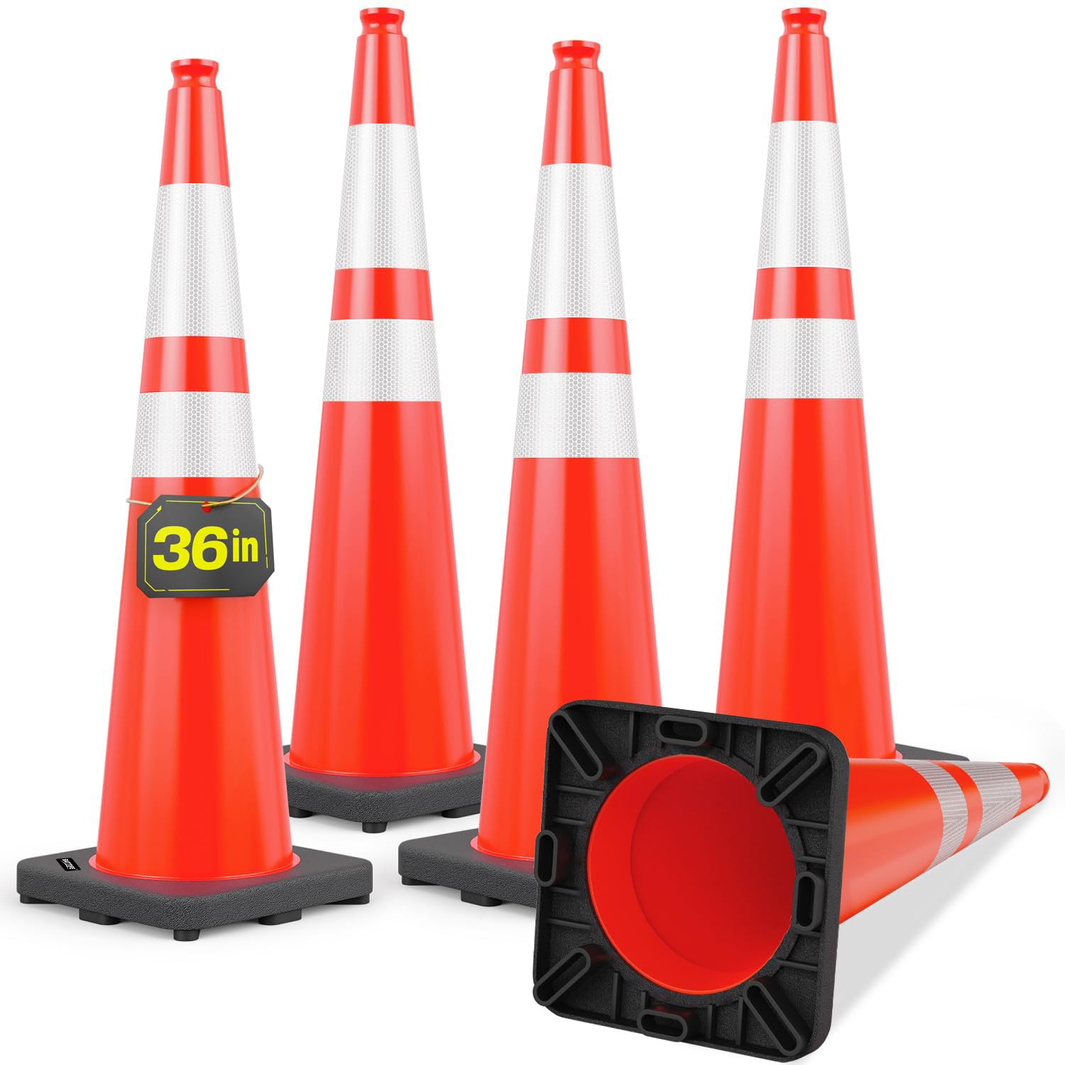 5 Pack 36 Inch Traffic Cones, Orange PVC, Black Weighted Base | 7.3-lb black weighted base; PVC safety cone with 2