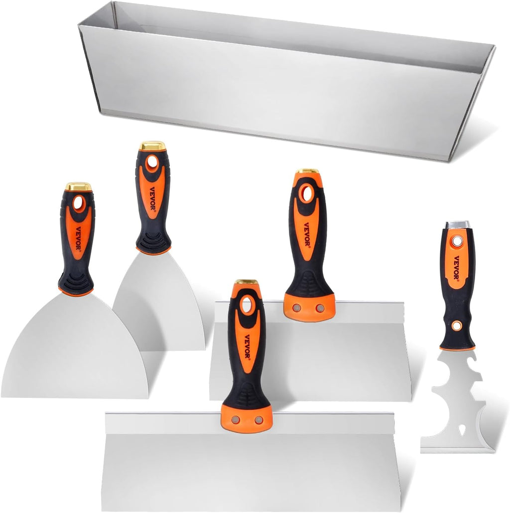 Drywall Knife Set, 6 PCS Drywall Tools Includes 3" Painter Scraper, Two Putty Knives, Two Taping Knives and 12" Mud