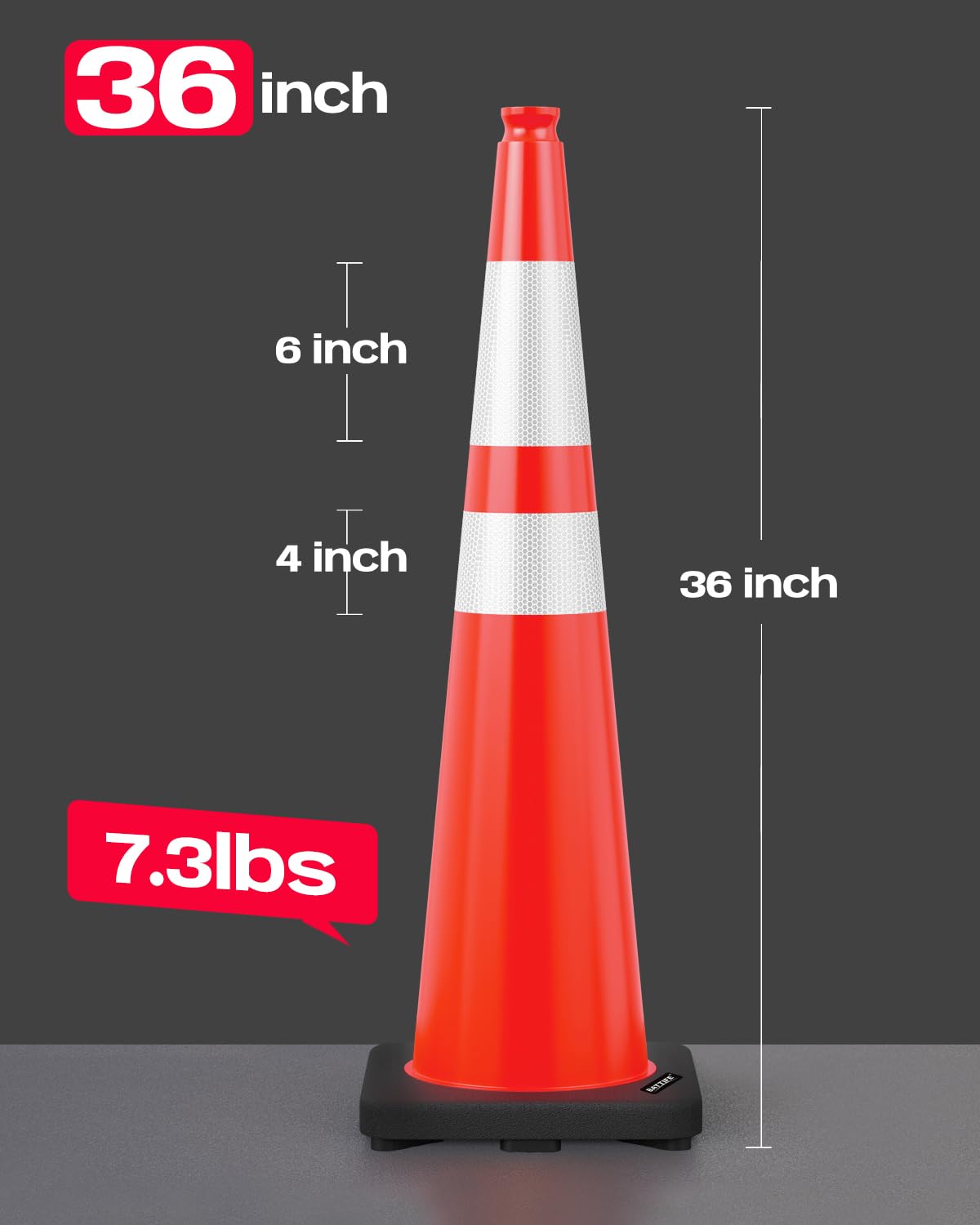 5 Pack 36 Inch Traffic Cones, Orange PVC, Black Weighted Base | 7.3-lb black weighted base; PVC safety cone with 2