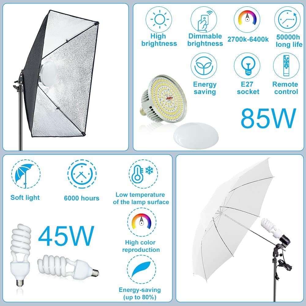 [Upgraded LED Bulb] Photography Lighting Kit 8.5x10ft Backdrop Support System and LED Softbox Set, 6400K Bulbs