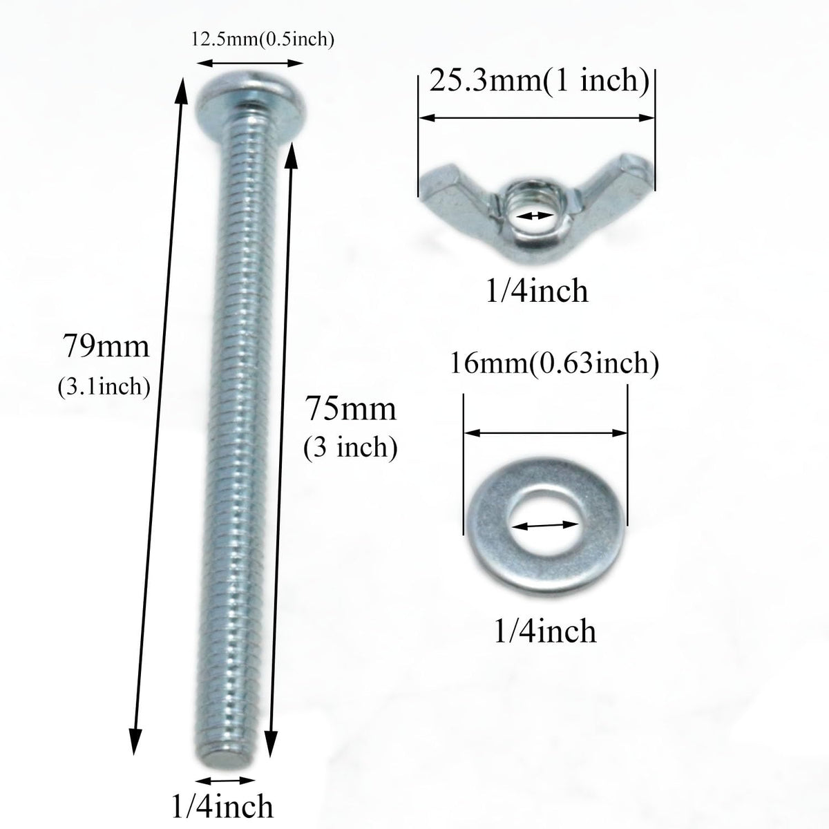 10 Sets 1/4-20 x 3 Inch Wing Nuts and Bolts with Washers