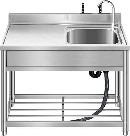 Free Standing Stainless-Steel Single Bowl Commercial Restaurant Kitchen Sink Set w/Faucet & Drainboard, Prep &