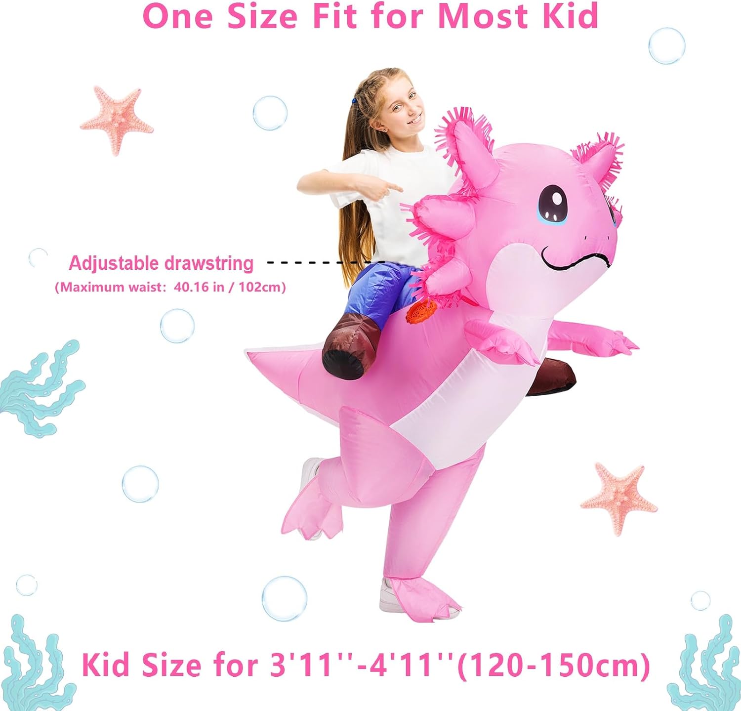 Inflatable Axolotl Costume for Kids Halloween Costumes Kid Blow Up Costume Ride on Axolotl Costumes for Girls Boys
