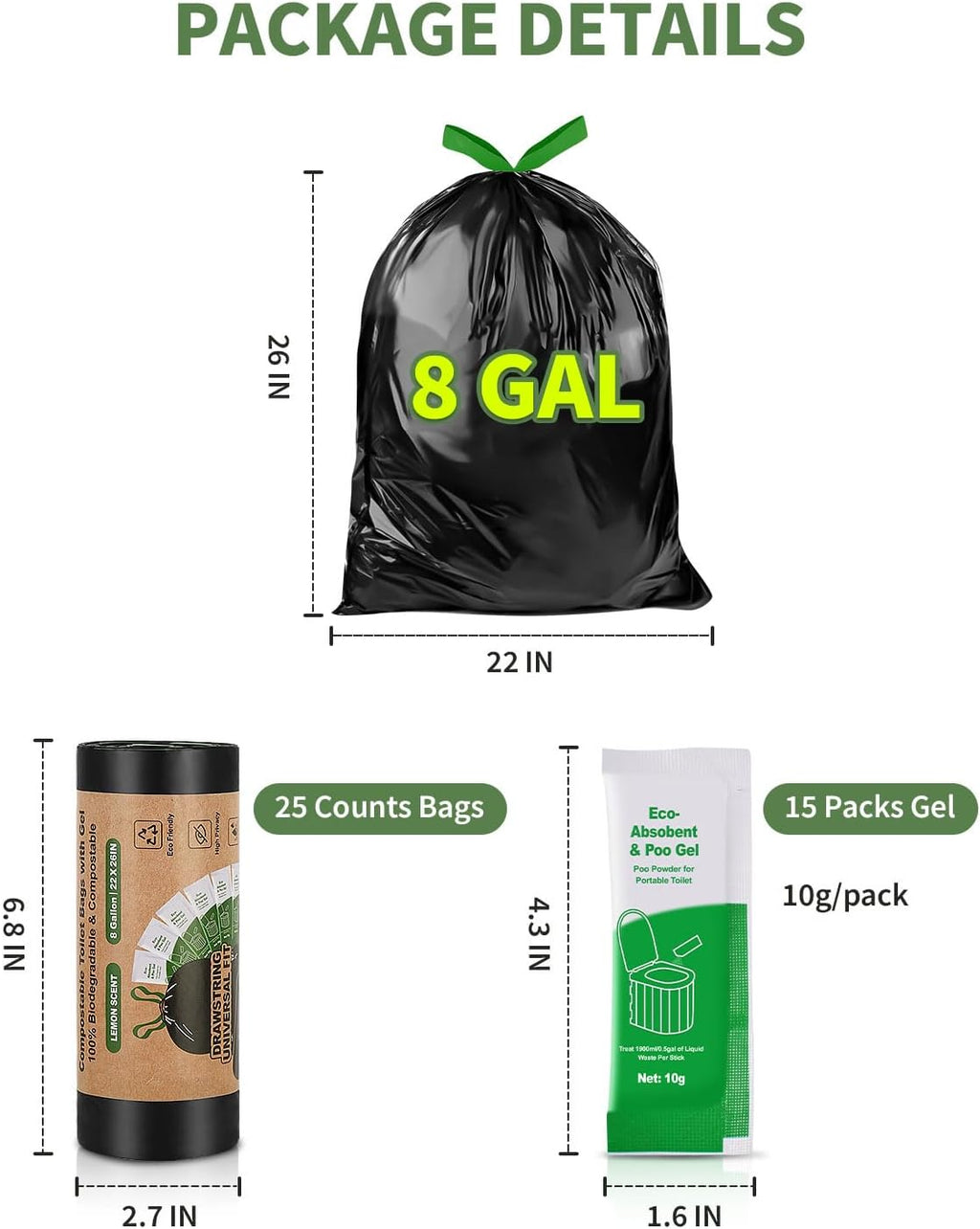Camping Toilet Bags Poo Gel Set,25 Portable Toilet Bags with 15 Poo Gel Set | 8 Gallon Portable Composting Toilet for