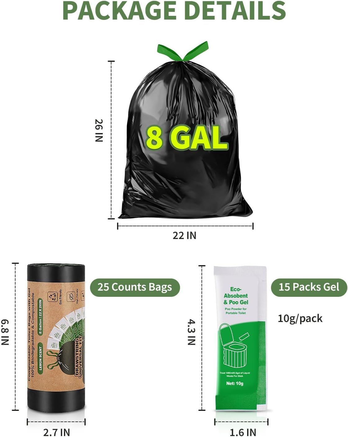 Camping Toilet Bags Poo Gel Set,25 Portable Toilet Bags with 15 Poo Gel Set | 8 Gallon Portable Composting Toilet for