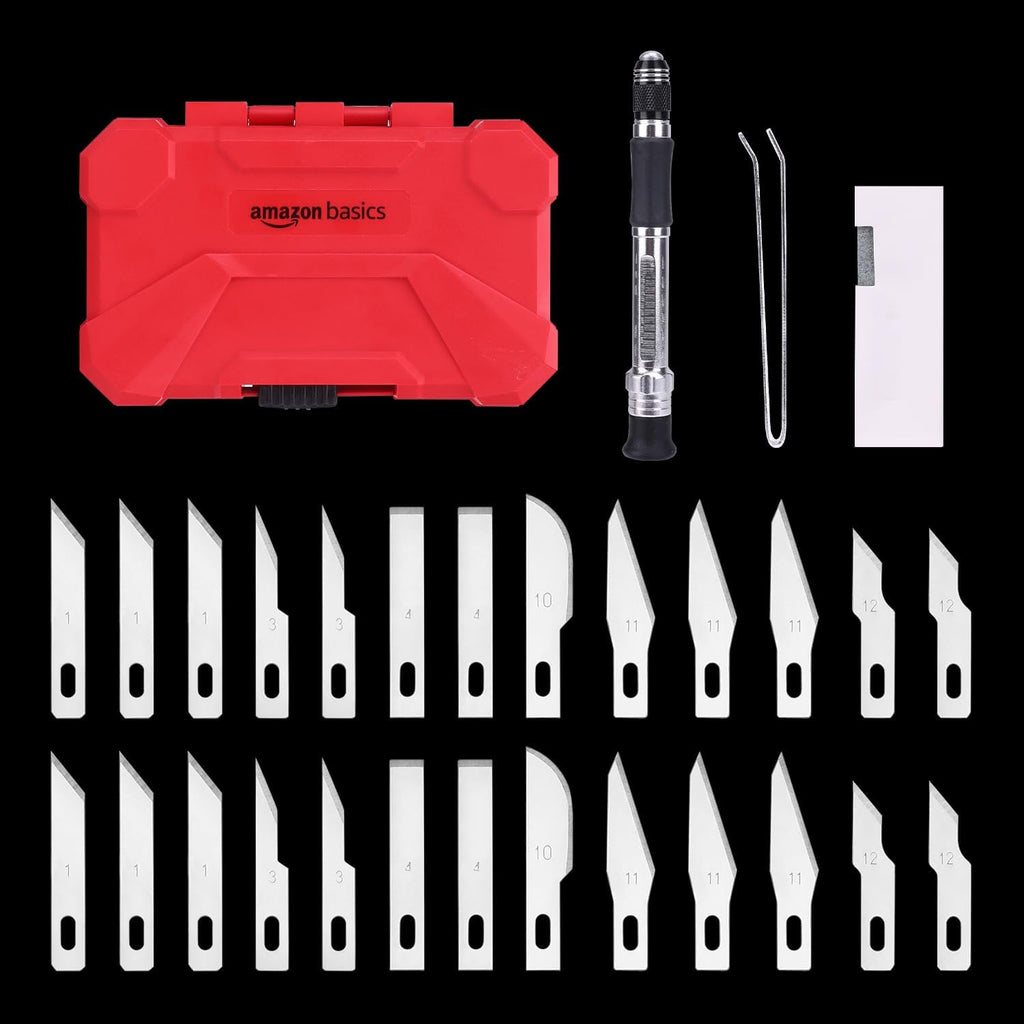 29-Piece Precision Hobby Knife Set with Razor-Sharp Blades, Modeling Tools, Anti-Slip Rubber Grip, Black, Silver, Red