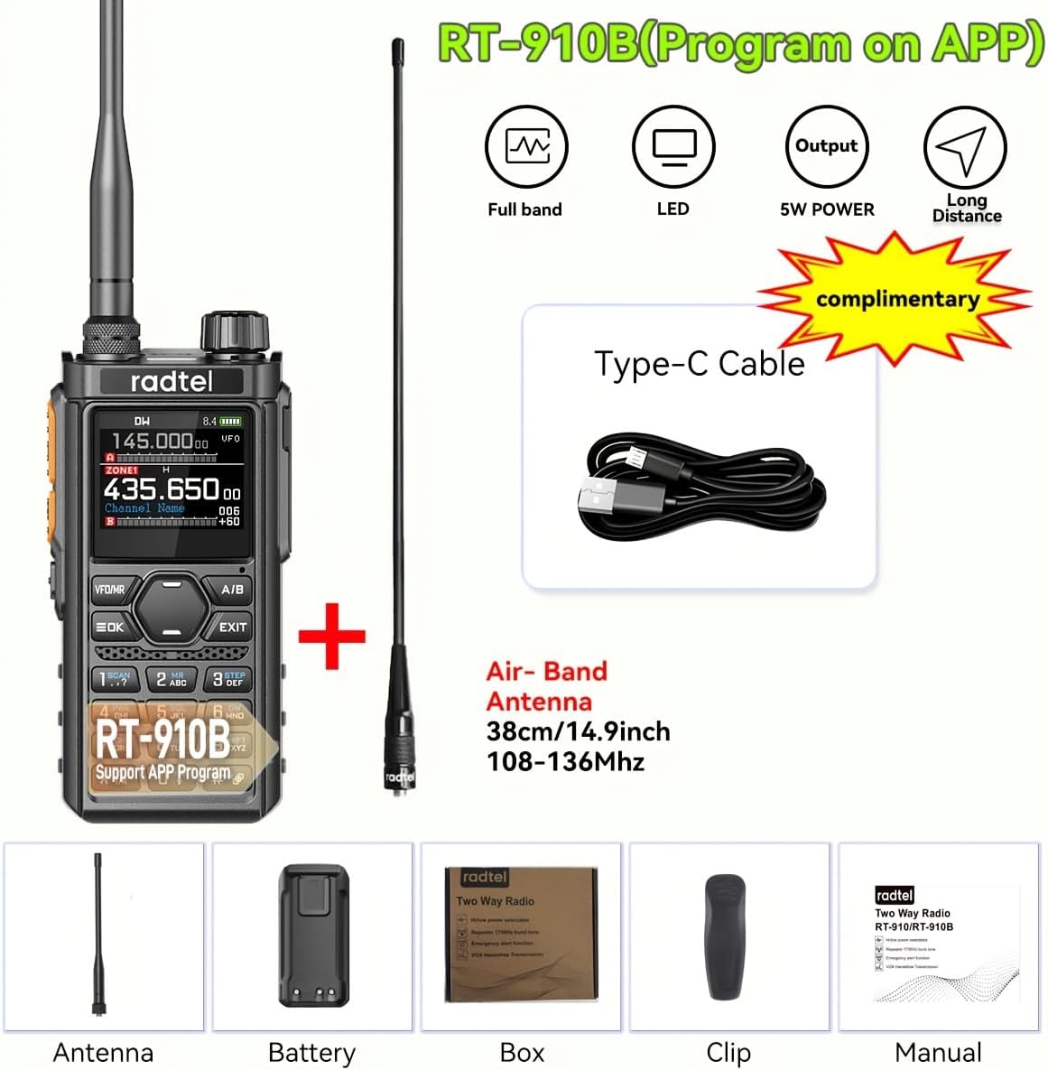 RT-910B 5W UHF VHF Dual Band Two Way Radio with Air Band Receiver 6 Meter Ham Radio Bluetooth Programmable Walkie