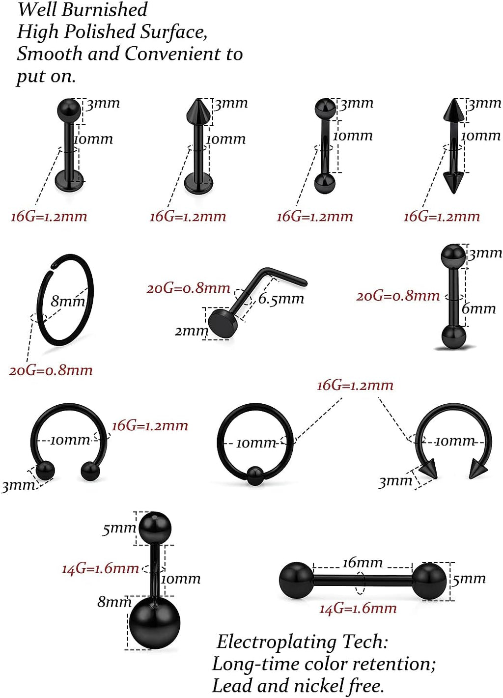 Piercing Kit 316L Surgical Steel Body Jewelry Piercing Kit with 12G 14G 16G 18G 20G Piercing Needles Use for Nose