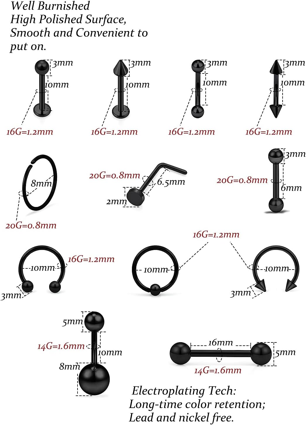 Piercing Kit 316L Surgical Steel Body Jewelry Piercing Kit with 12G 14G 16G 18G 20G Piercing Needles Use for Nose