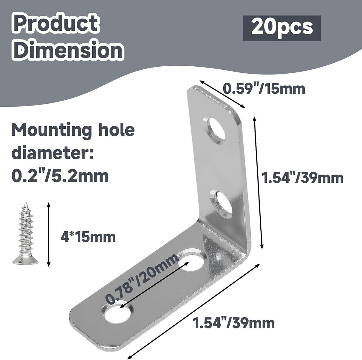 L Bracket Corner Braces 1.5 Inch, Zinc Plated, 20PCS