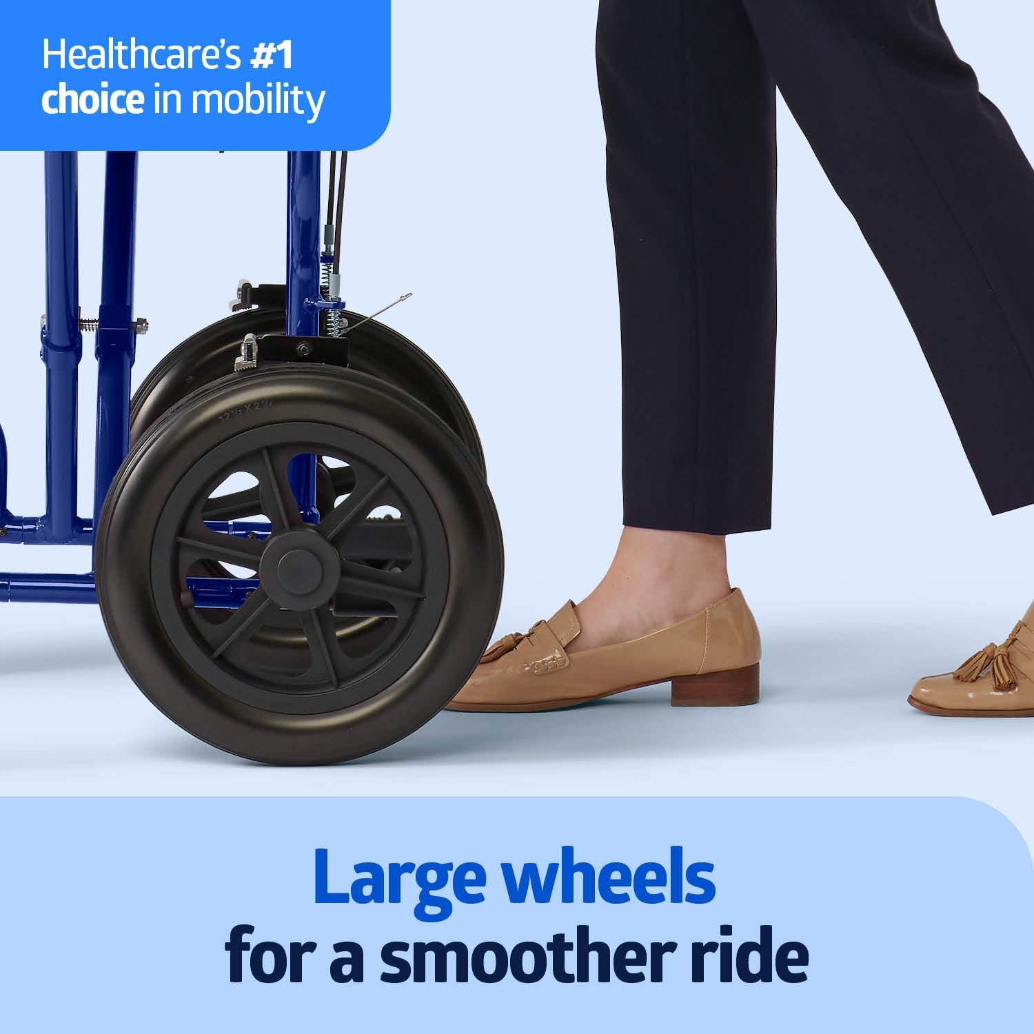 Lightweight Foldable Transport Wheelchair with Handbrakes and 12-Inch Wheels, Blue Frame, Black Upholstery