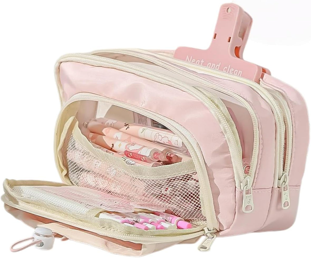 Pencil Case Big Capacity Pen Holder Large Opening Pencil Pouch Box Cute Aesthetic Drawstring Pen Case (Strawberry Pink)