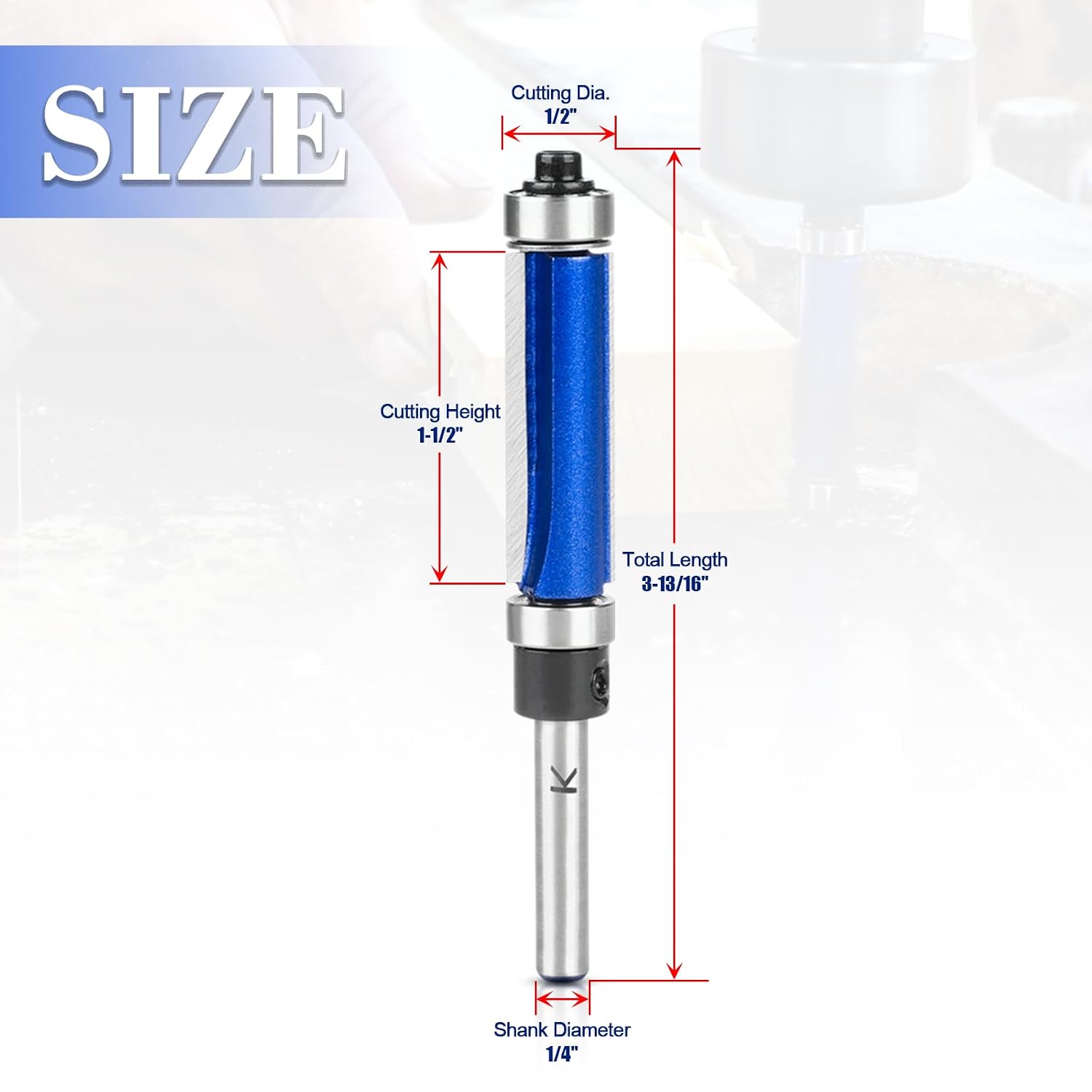 Top and Bottom Bearing Flush Trim Router Bit 1/4" Shank, 1-1/2" Cut Length | 1/2" Cutting Diameter, Carbide Pattern