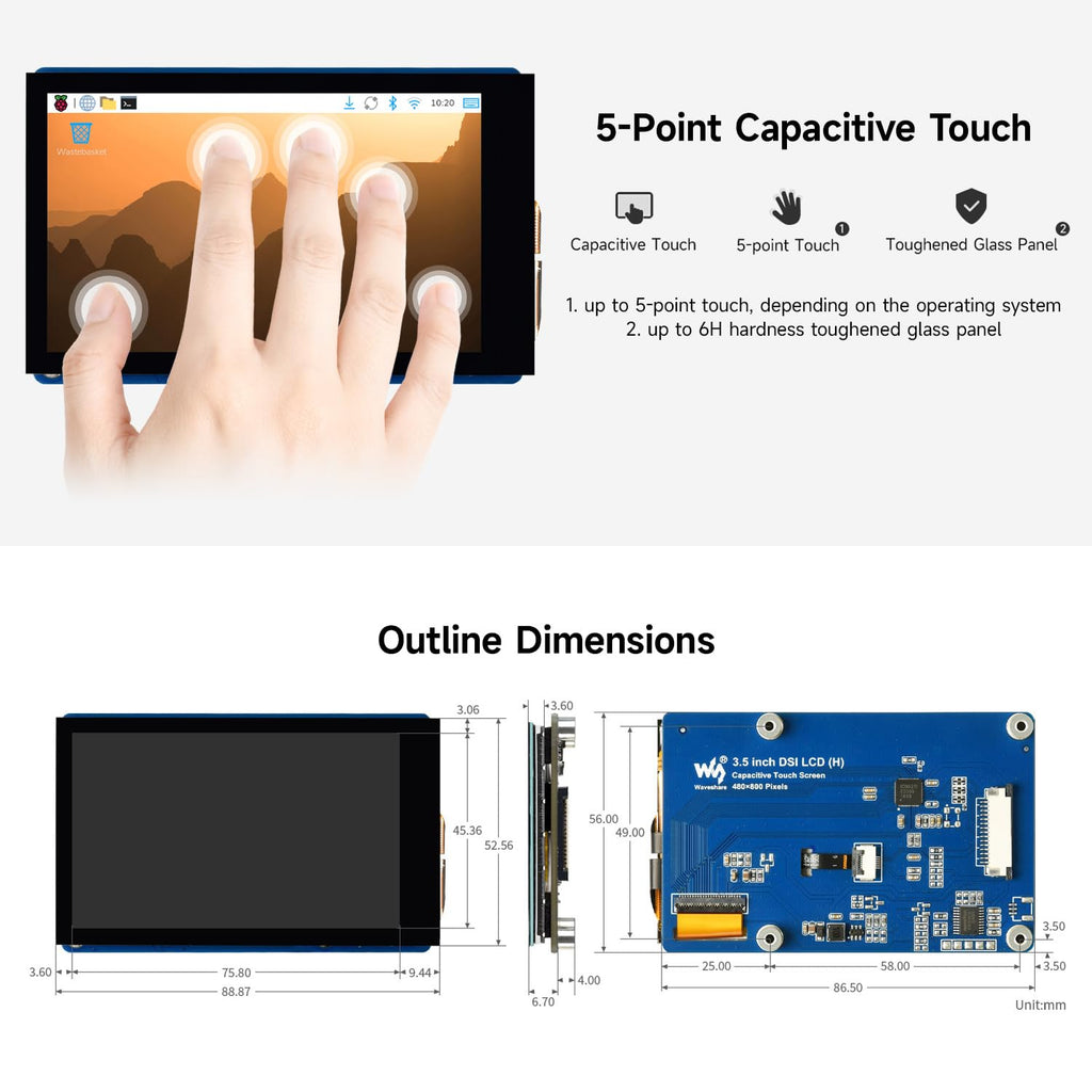 KLAYERS 3.5-inch DSI Capacitive Touch Display Compatible with Raspberry Pi,480 × 800 Pixel IPS Panel