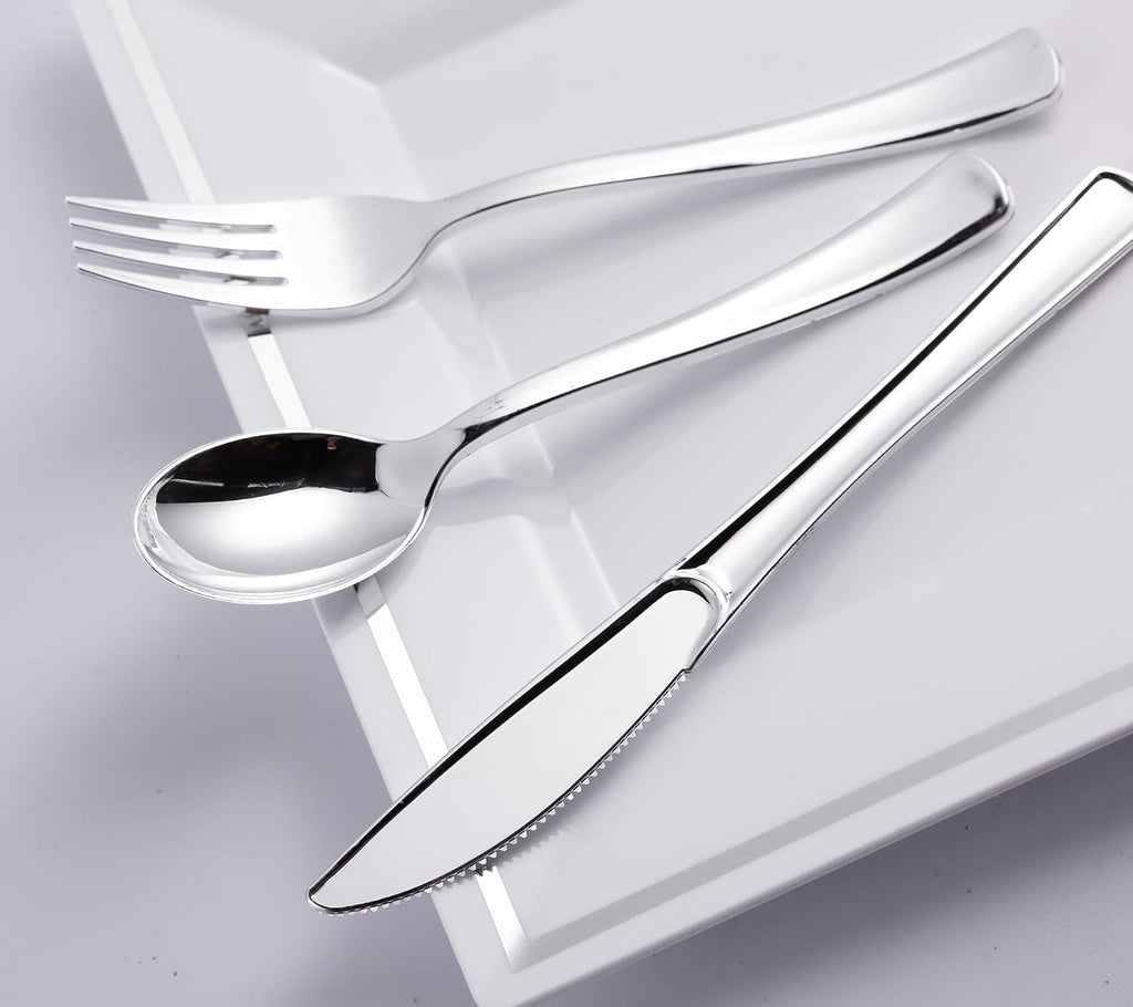 300PCS Silver Plastic Silverware, Disposable Utensils & Cutlery