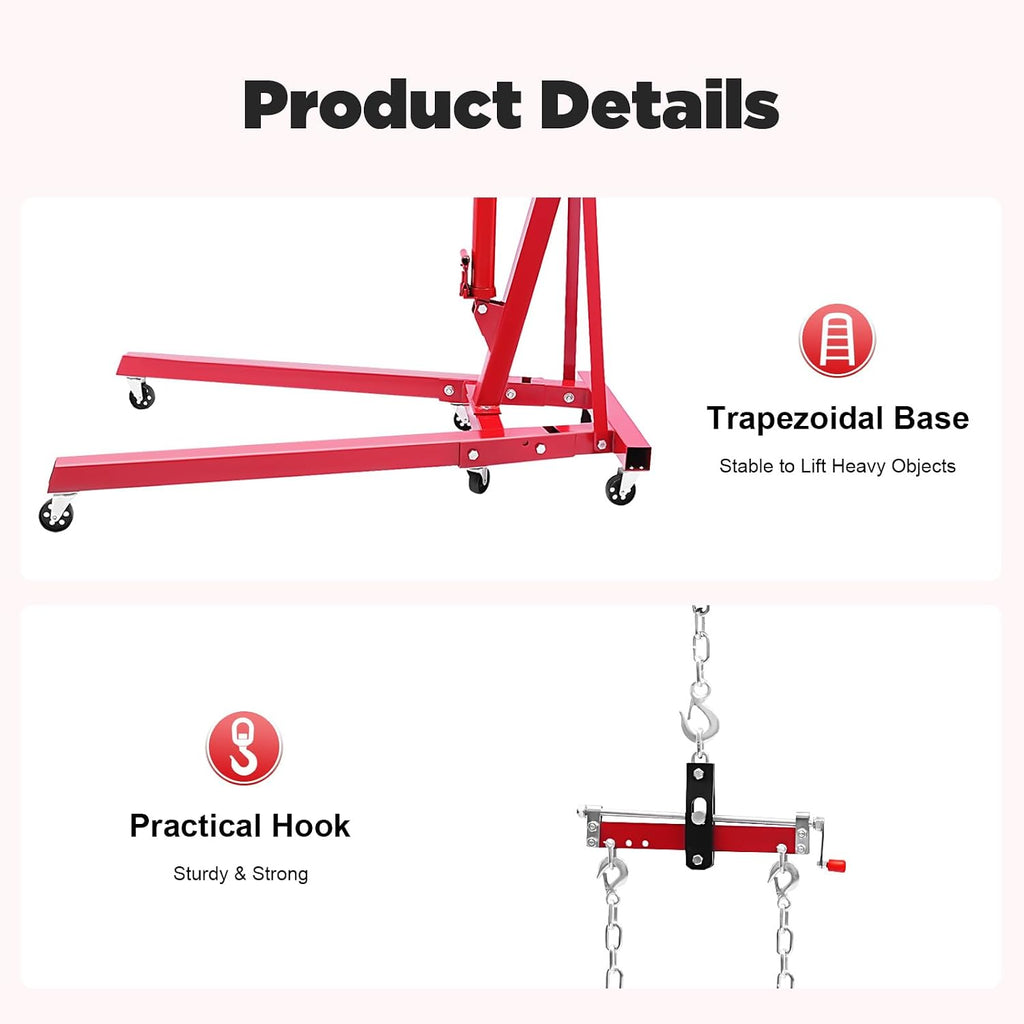 2 Ton Engine Hoist, Folding Cherry Picker Engine Hoist with Lever and 6 Casters 4 Adjustable Positions Hydraulic
