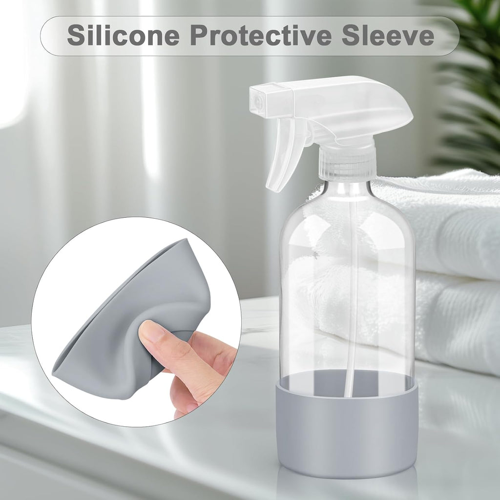2 Pack Glass Spray Bottles with Silicone Sleeve, 16 oz Empty Refillable Containers with Adjustable Spray Nozzles