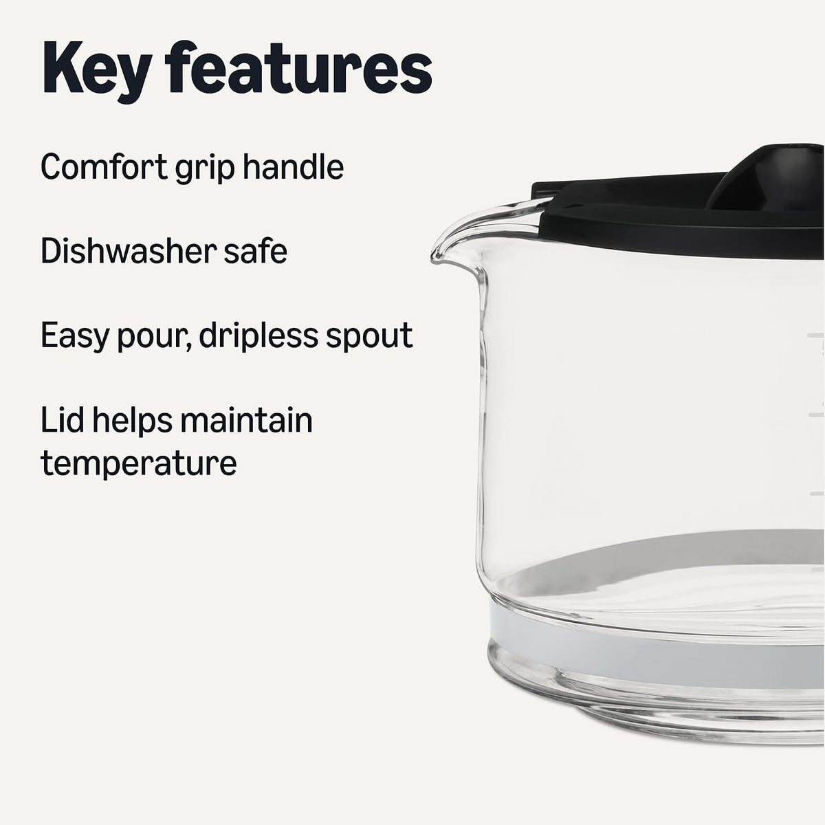 5-Cup Glass Replacement Carafe for Coffee Maker, Comfort-Grip Handle, Dripless Spout, Black