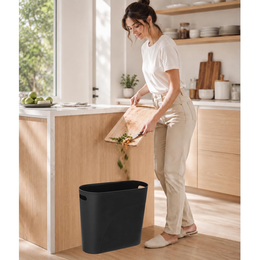 Small Trash Can Plastic Bathroom Wastebasket 3.2 Gallon Slim Garbage Container Bin with Handle for Home Kitchen