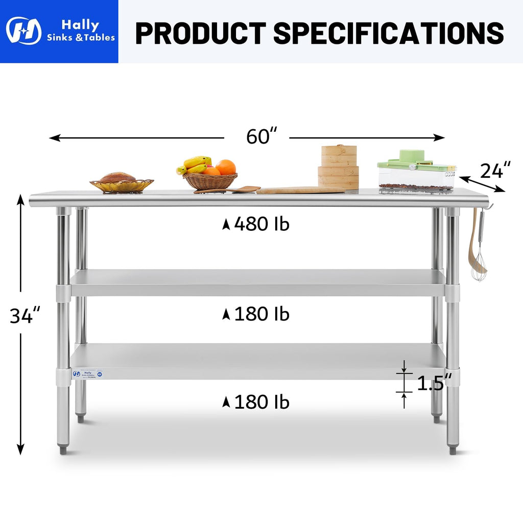 Hally 24"x60" Stainless Steel Prep Table NSF Commercial Kitchen Work Table