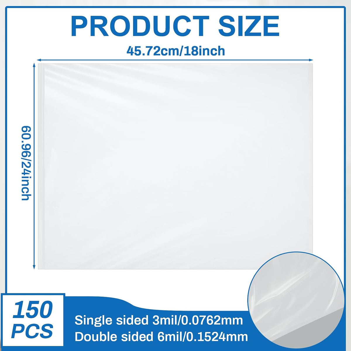 150 Count 18x24 Inch 3 Mil Heavy Duty Flat Open End Clear Plastic Poly Bags Thick Plastic Packaging Bags