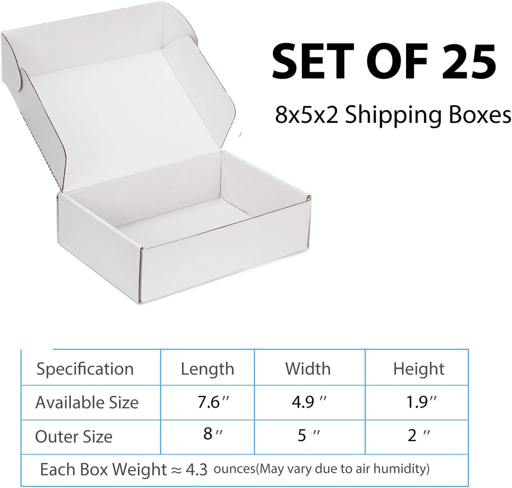 8x5x2 White Shipping Boxes for Small Business, Packing, 25 Pack