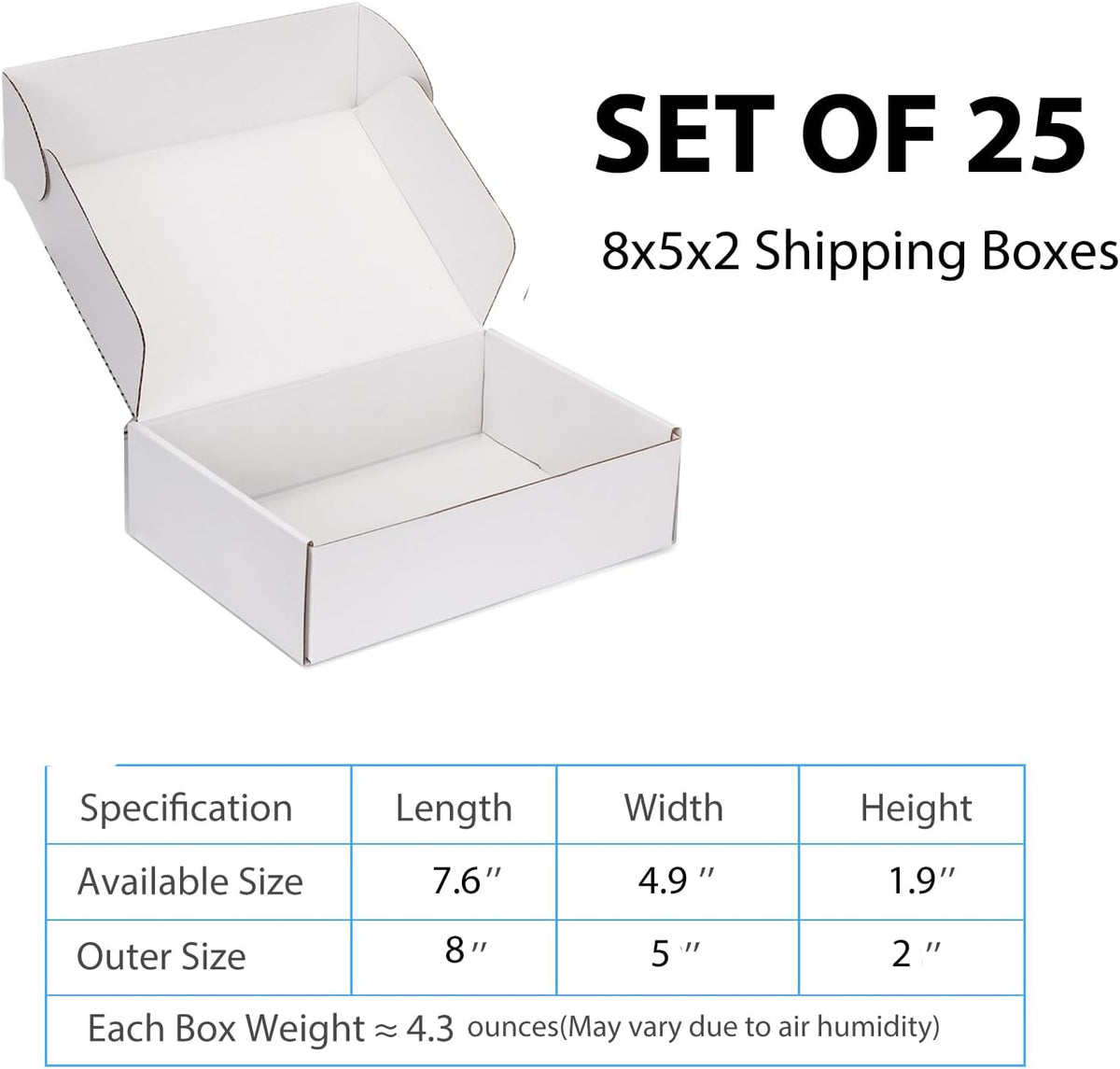 8x5x2 White Shipping Boxes for Small Business, Packing, 25 Pack