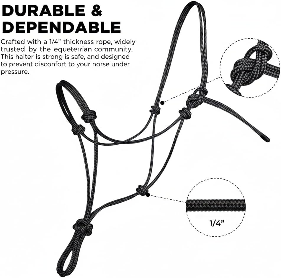 Rope Horse Halter, Braided Training Halter with Hand-Knotted Design, Multiple Sizes for Yearling, Small, Mule &