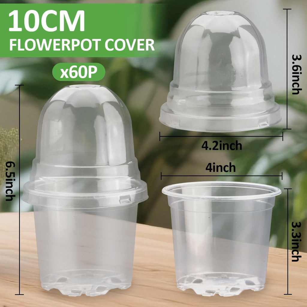 60 Pack Clear Nursery Pots with Humidity Domes, 4 Inch Plastic Plant Pots with Drainage Holes for Seedlings