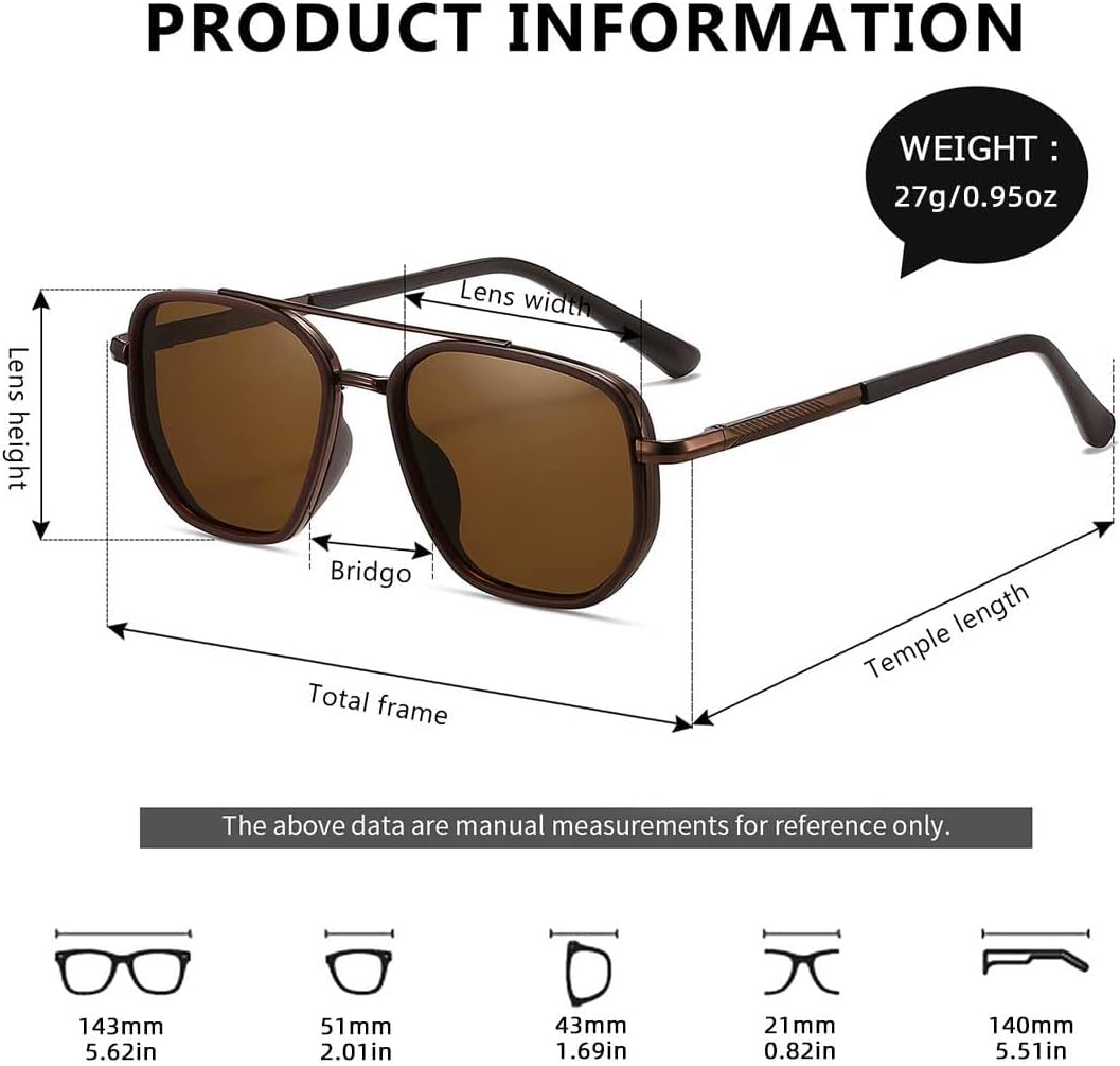 Women's Square Aviator Sunglasses, Polarized UV400 Protecion | Retro Frame Shades, Small-Medium Fit, Driving, Beach