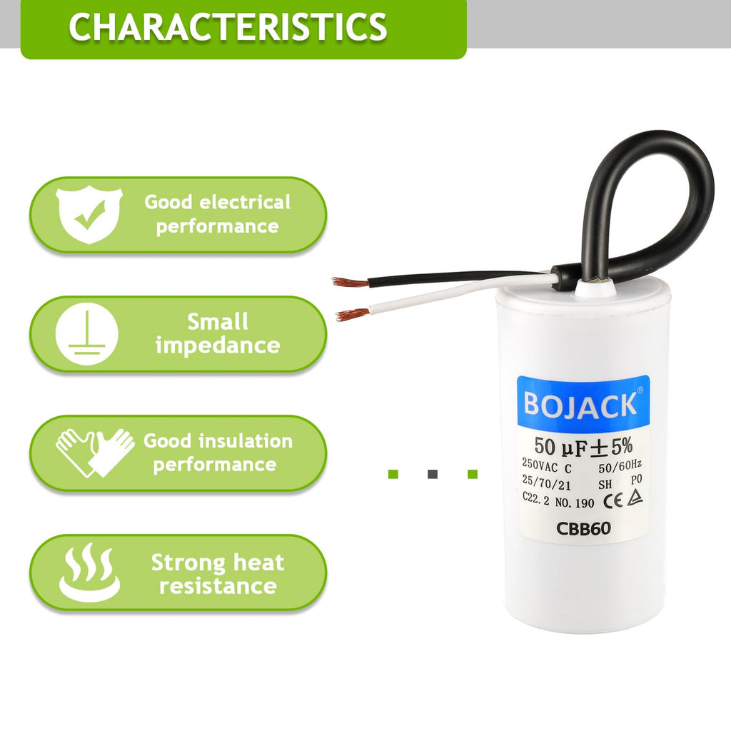 BOJACK Run Capacitor 50 uF MFD 250V AC 50 MFD CBB60 2 Wire 50/60Hz Cylinder Motor Run Capacitor for Motor Blower air Compressor and air Conditioner Compressor Replacement Part