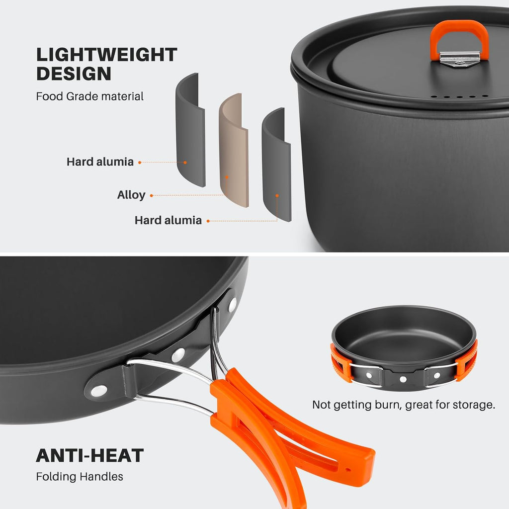 10pcs Camping Cookware Camping Pots and Pans Set with Kettle Plastic Bowls and Soup Spoon for Camping, Backpacking