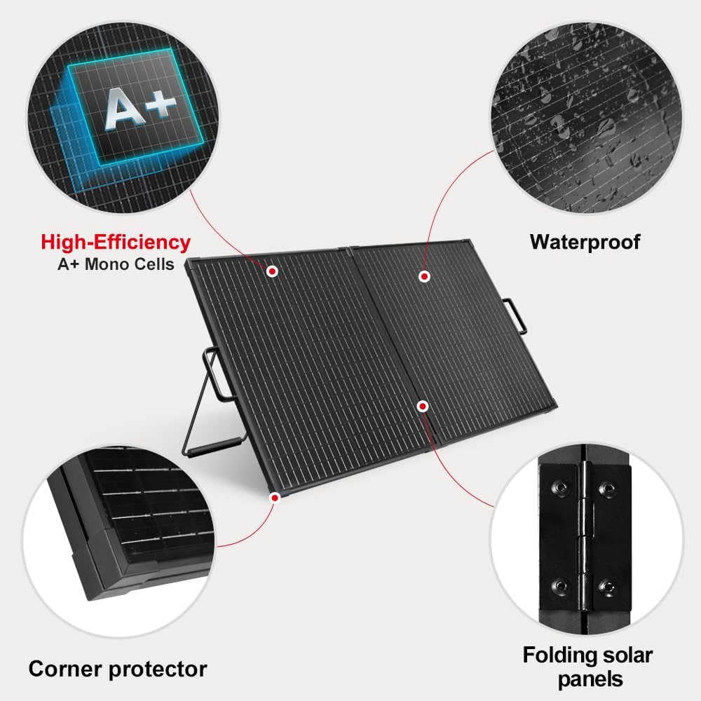 100W Foldable Solar Panel Suitcase with 10A Controller, Gray | Folds to 19.3 x 23.8 in and weighs 10.1 lb; waterproof