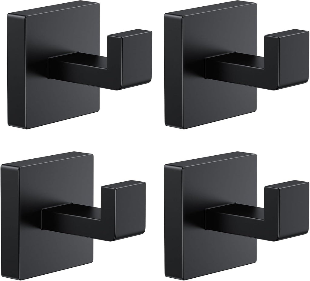 4 PCS Towel Hooks for Bathroom, Wall Mount Towel Holder, Black Matte Wall Robe Hook,Square Stainless Steel Door