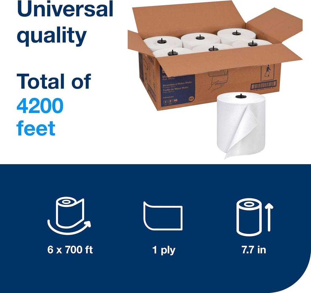 Matic Paper Hand Towel Roll White H1, 6 Rolls x 700 ft, 290089