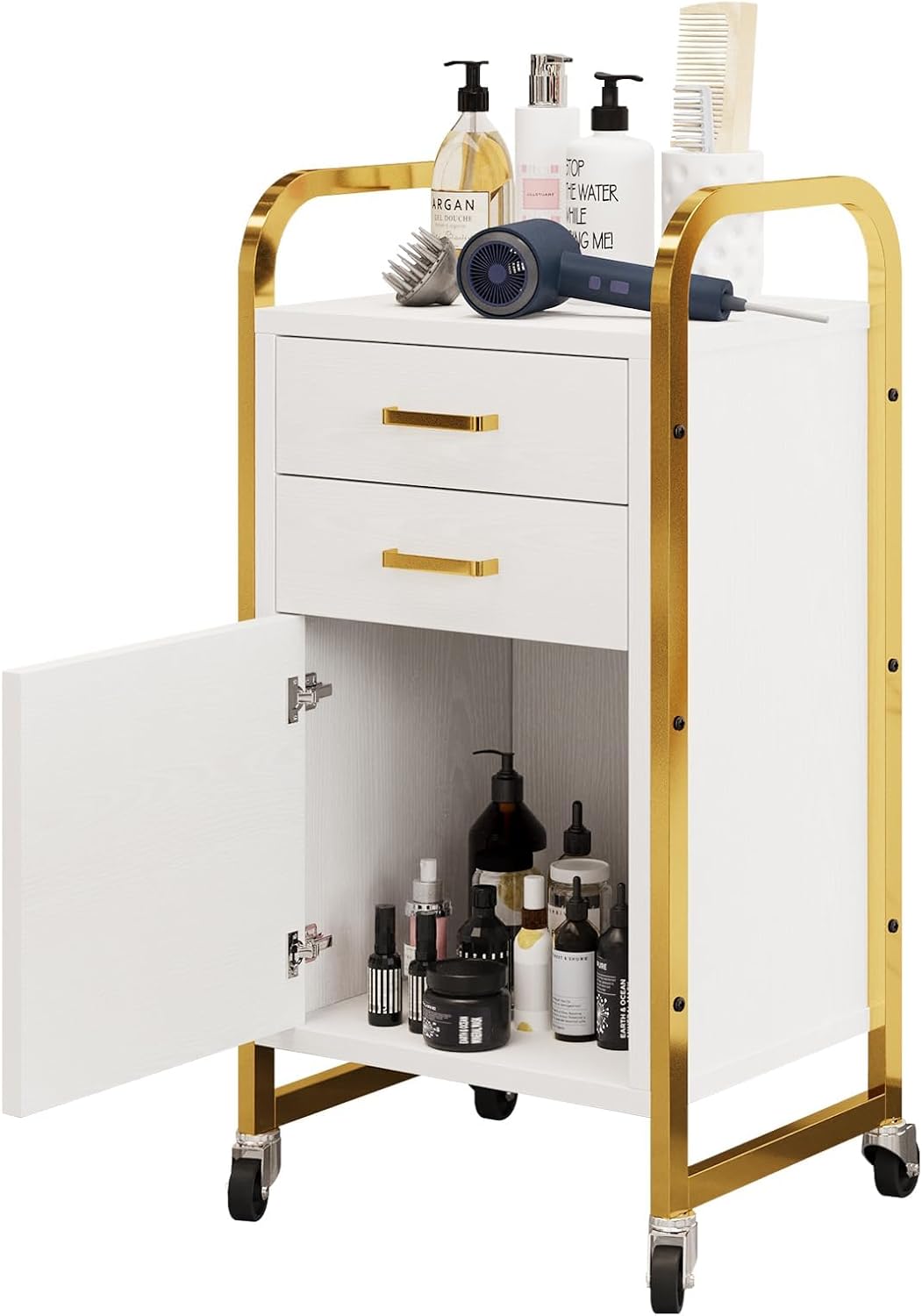 Salon Station for Hair Stylist, Rolling Salon Station Cart | Beauty Barber Station with 2 Drawer & Cabinet, Rolling