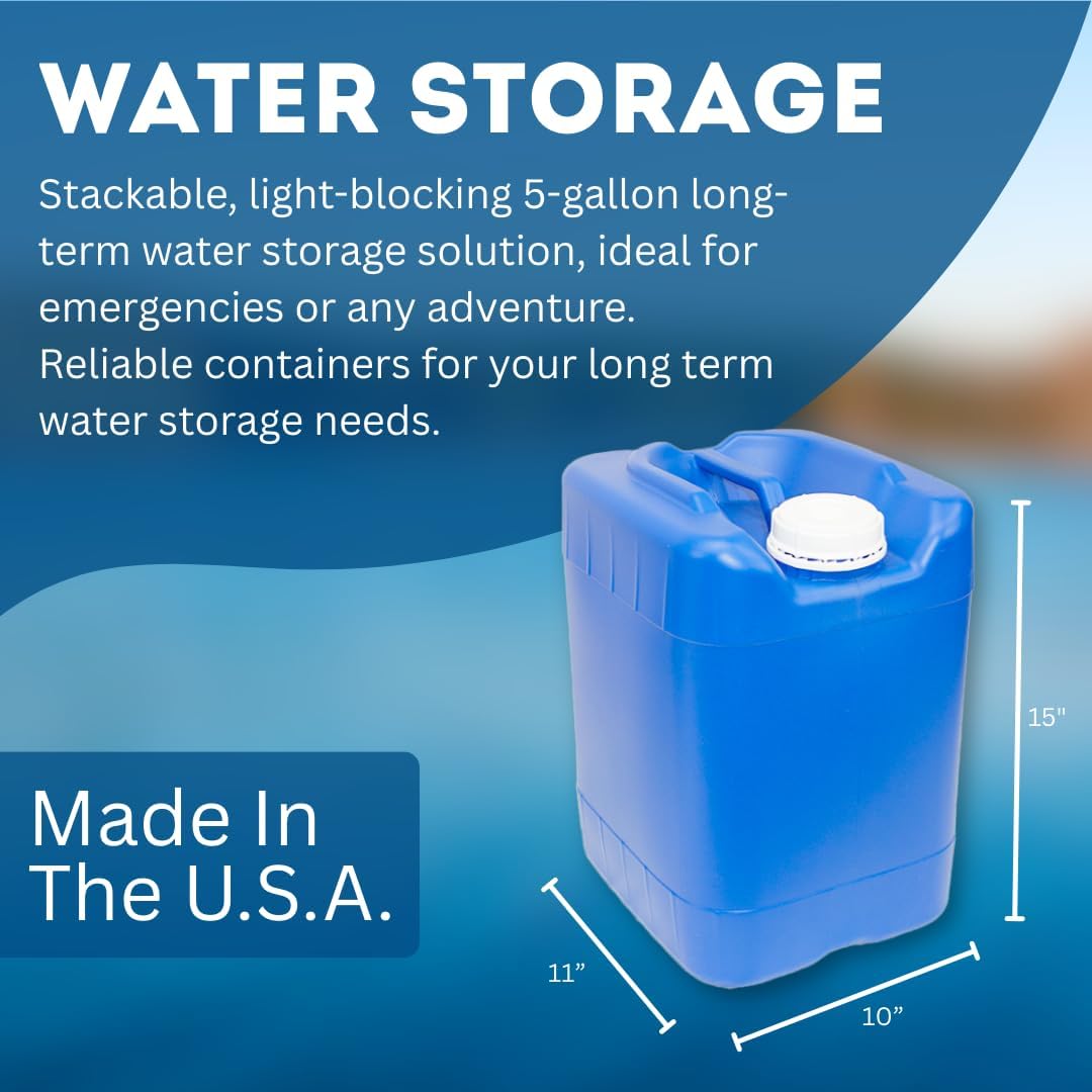 5-Gallon Stackable Water Storage Containers, w/Lids + Spigot, Easy Fill, Survial Supply, Emergency Water Storage for