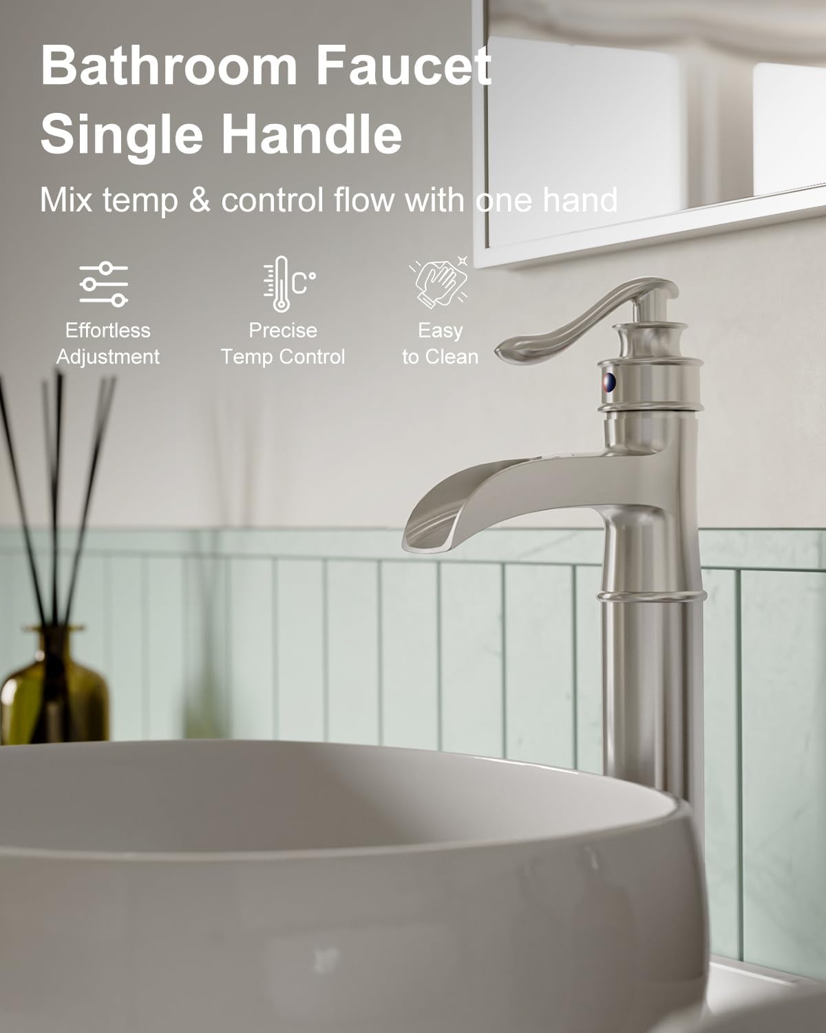 Waterfall Vessel Sink Faucet Brushed Nickel Single Handle 1 Hole