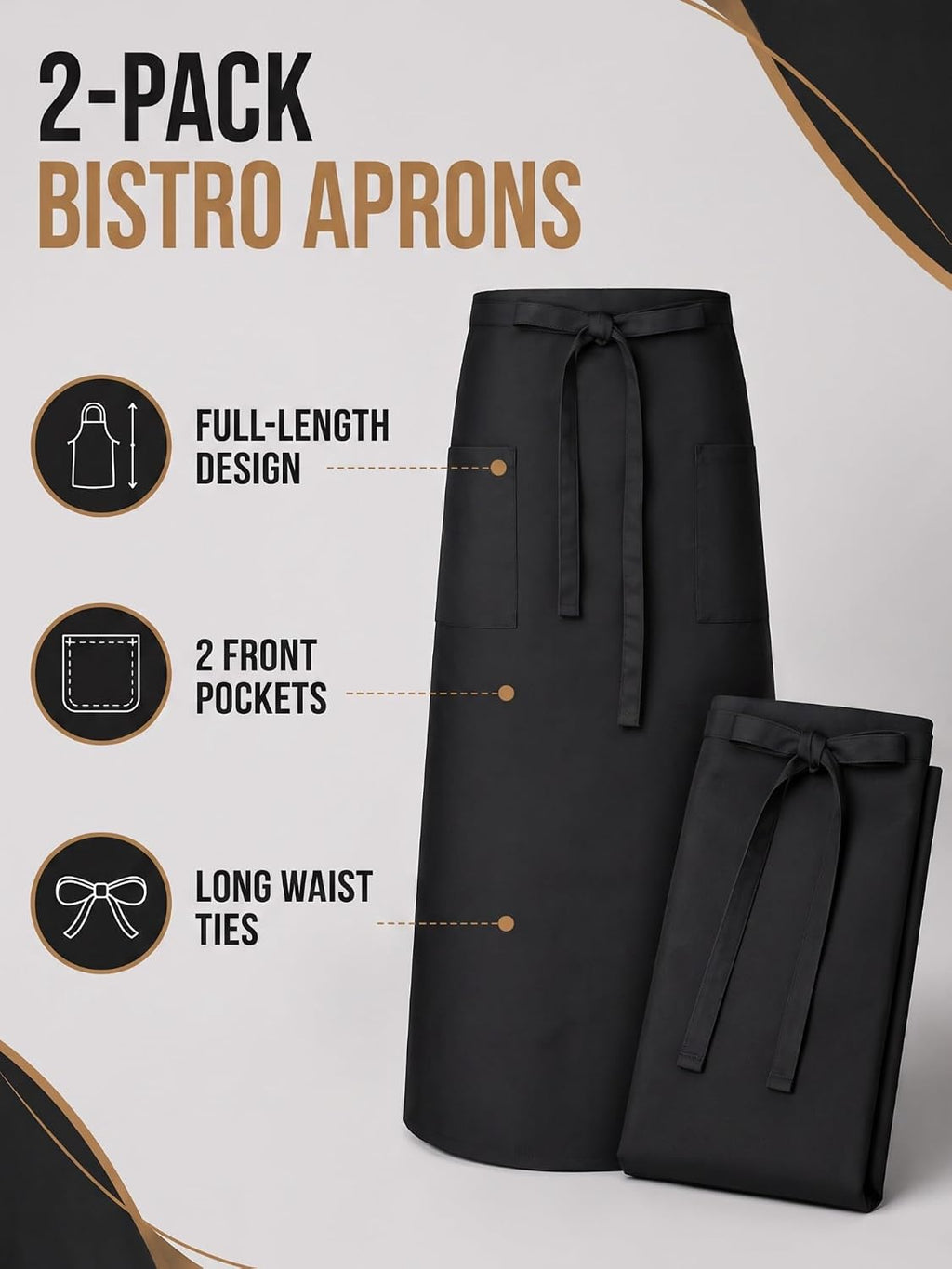 2 Packs Long Bistro Server Aprons with Two Pockets Black